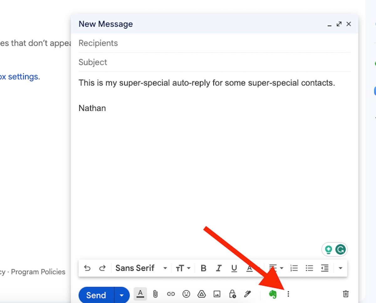 The web-based Gmail compose screen with a red arrow pointing at the three dots options menu on the lower right of the screen