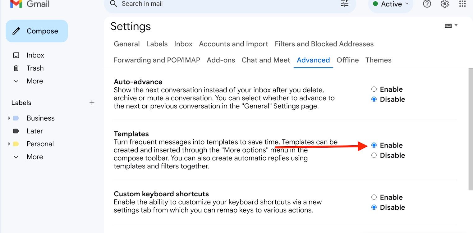 The web-based Gmail Advanced settings tab with a red arrow pointing at the Enable radio button in the Templates section
