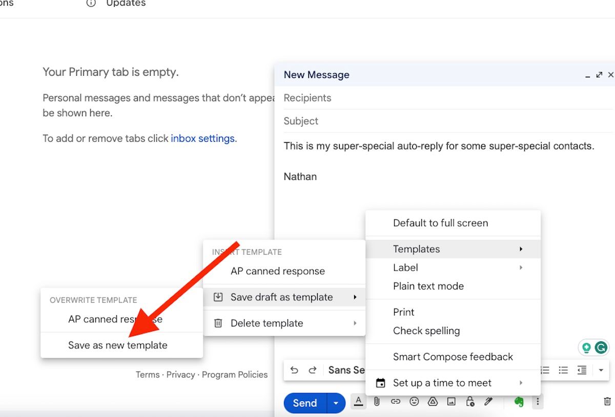 The web-based Gmail compose screen with the templates, save draft as template, and save as new template menus open and a red arrow pointing at the Save as new template option.