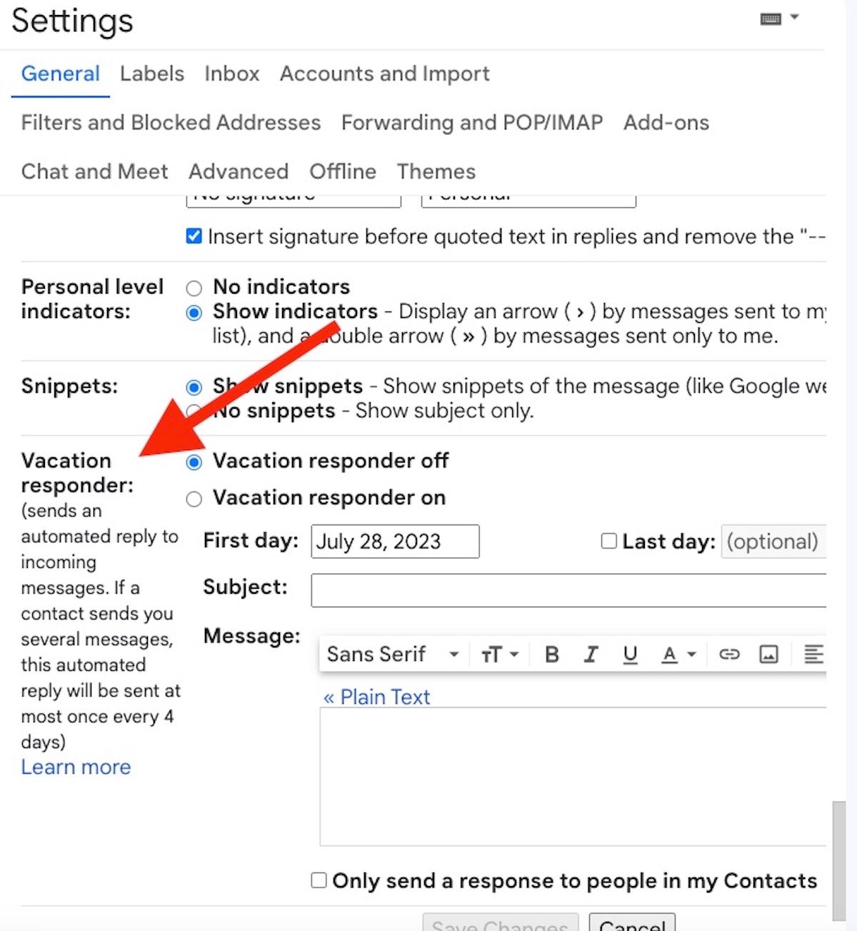 The gain-essentially based Gmail settings display conceal with a red arrow pointing to the Streak back and forth Responder settings on the left hand facet