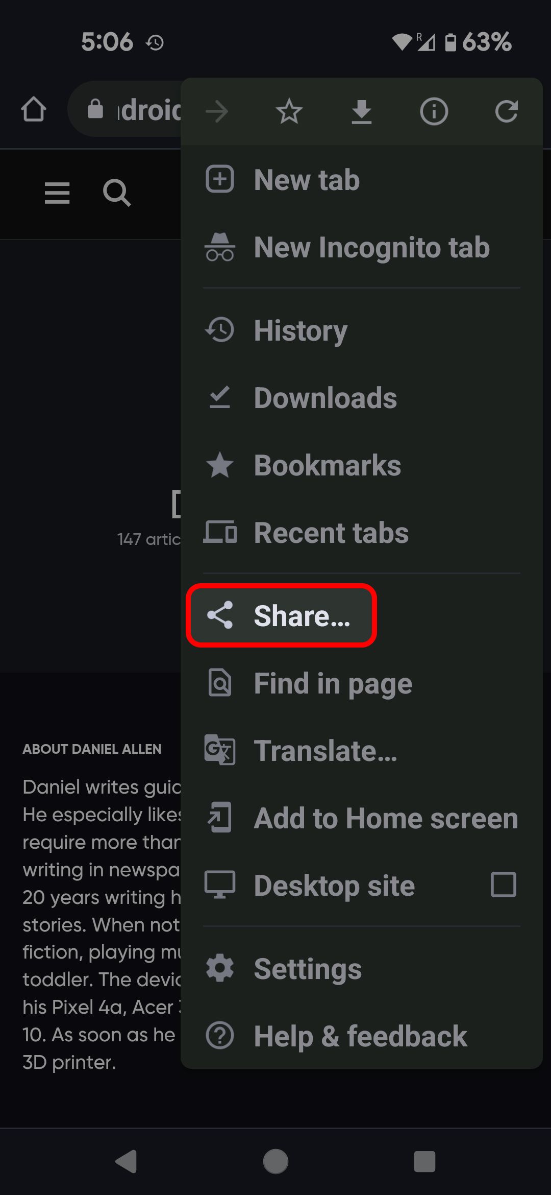 Google Chrome three-dot menu highlighting the Share option