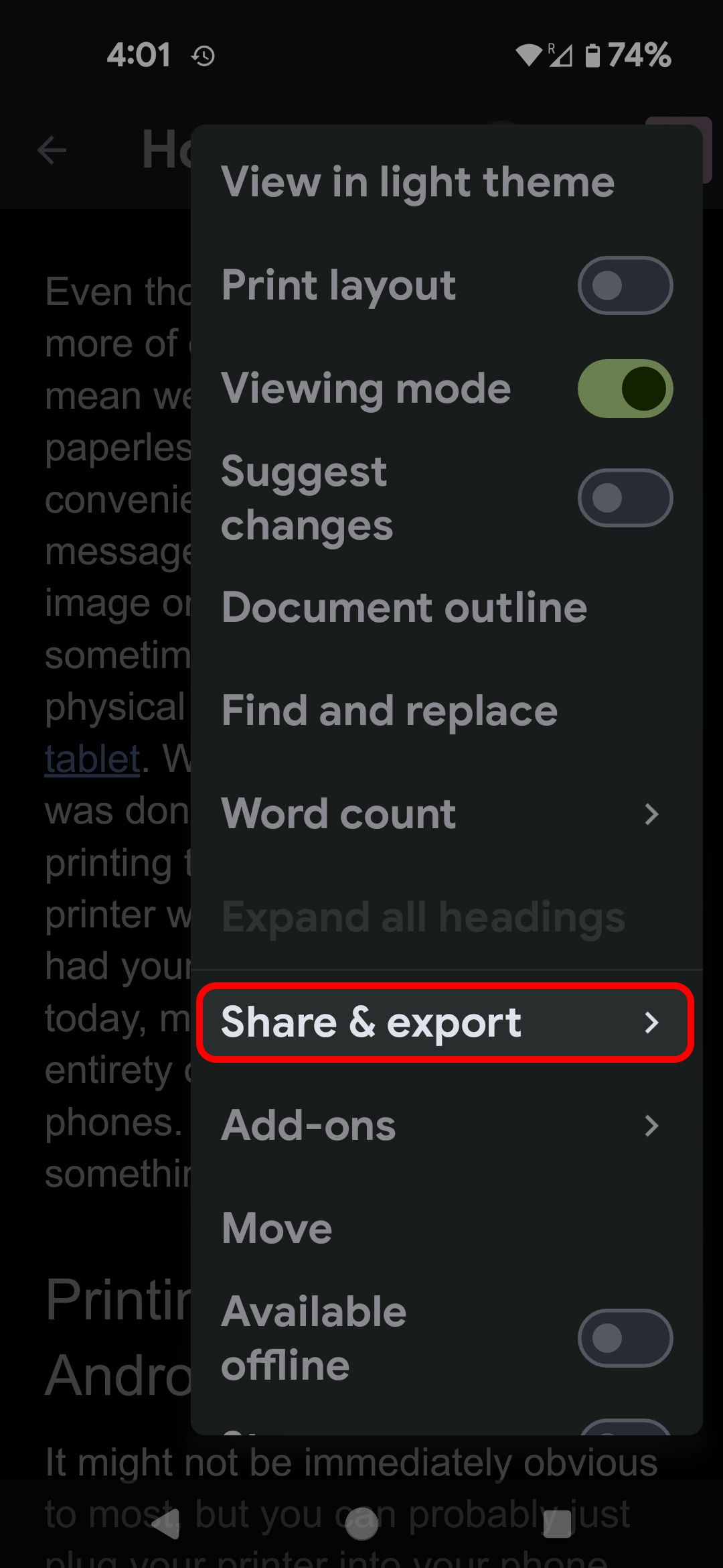 Google Docs document menu highlighting the Share & export option