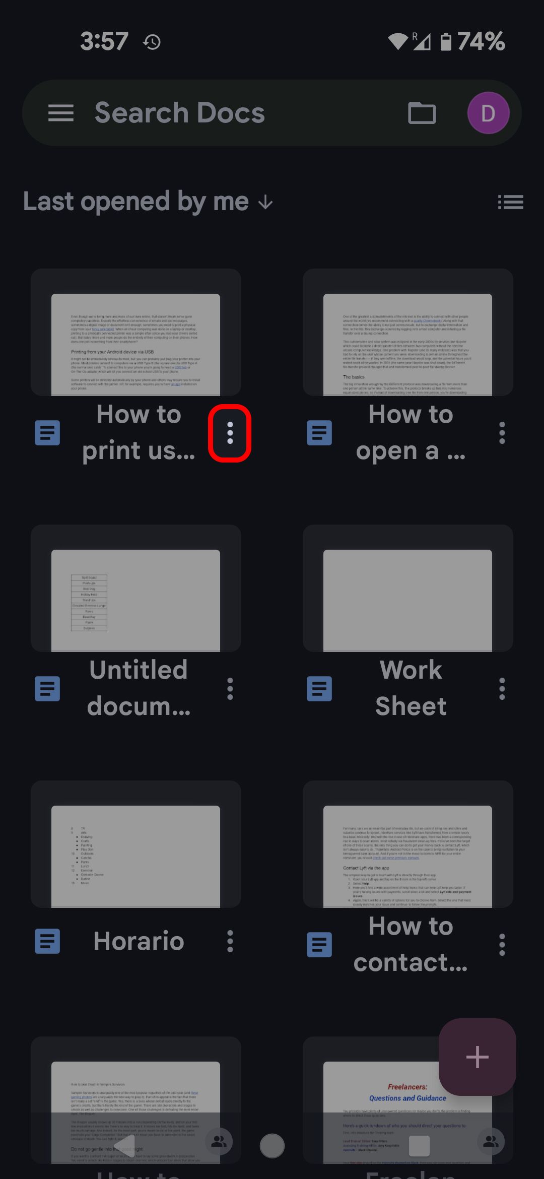 Google Docs home screen highlighing the document options icon
