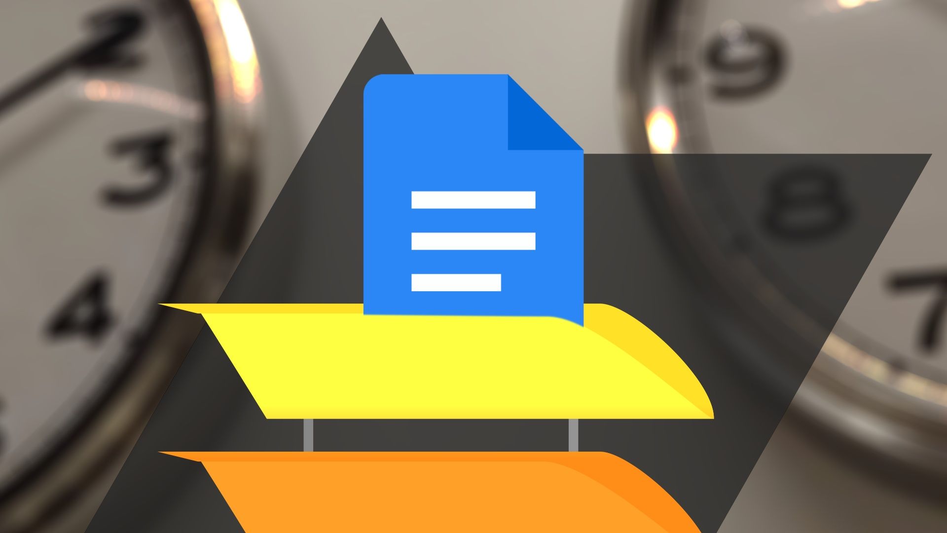 The Google Docs icon sitting in an inbox with clocks in the background.