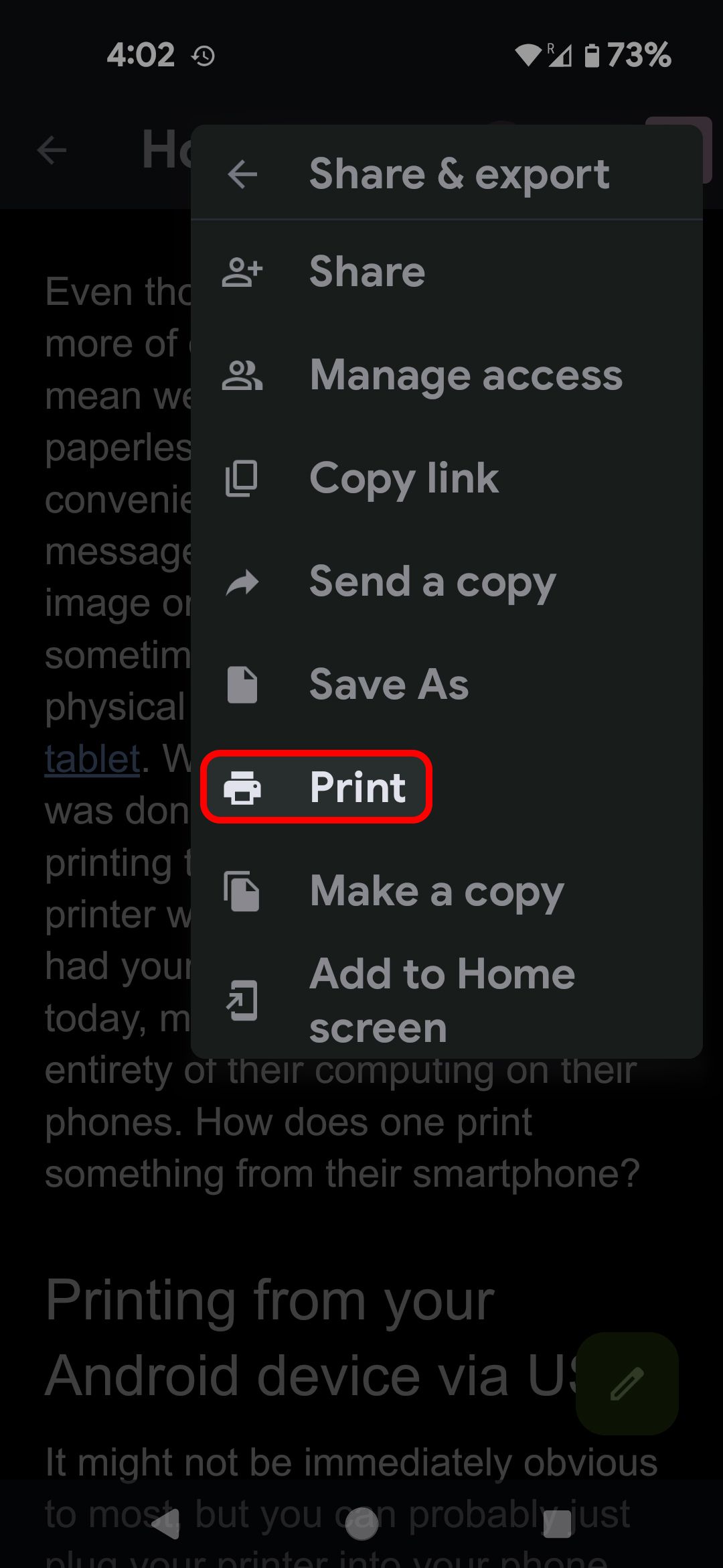 Google Docs Share & export menu highlighting the Print option