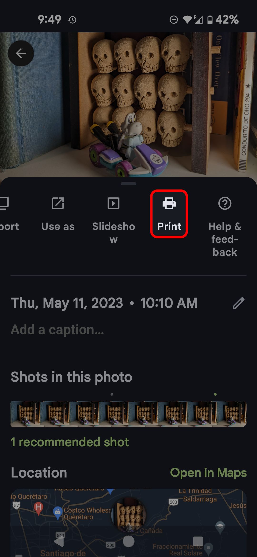 Google Photos three-dot menu highlighting the Print option