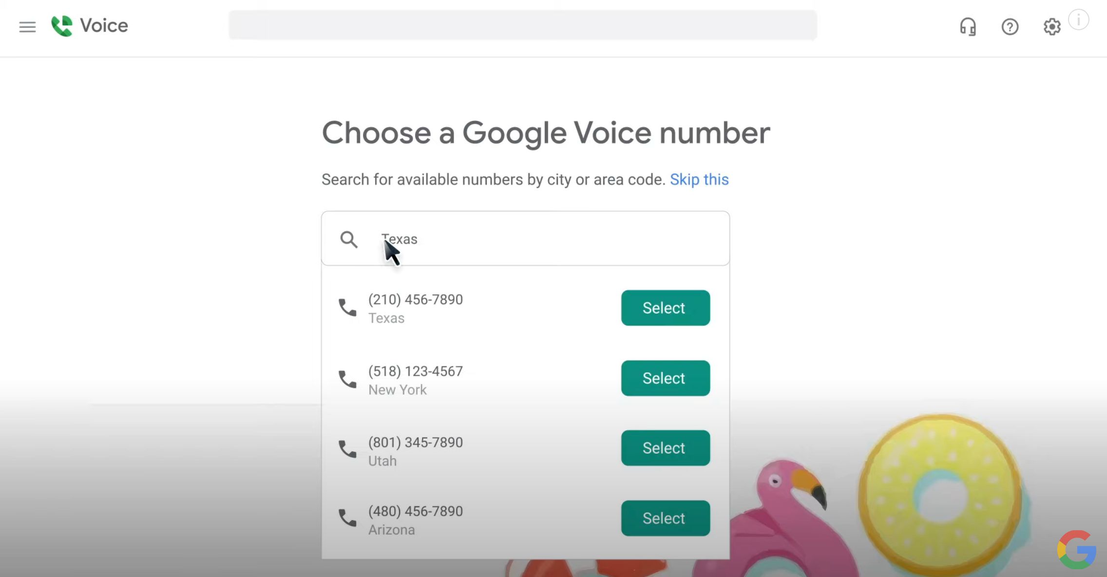 Choosing a number in Google Voice setup.