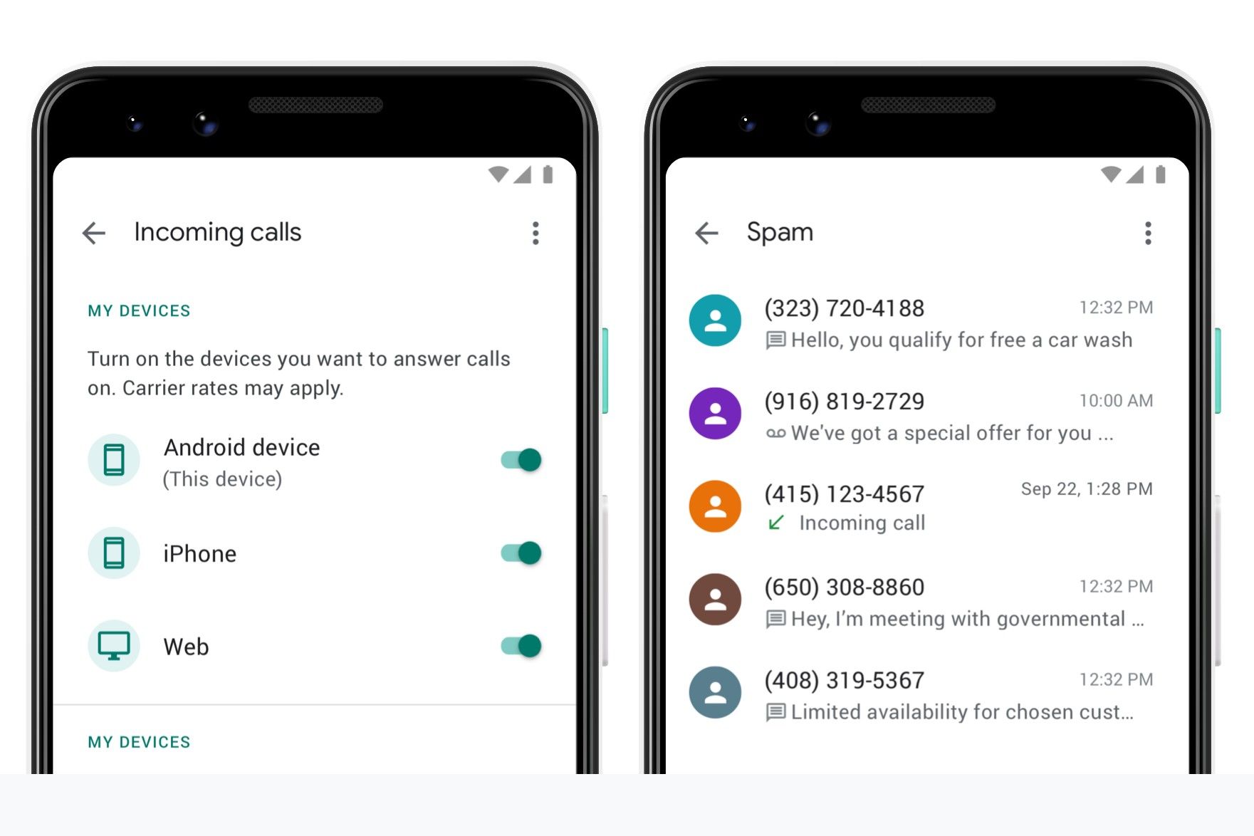 Google Voice screens for routing calls and blocking spam.