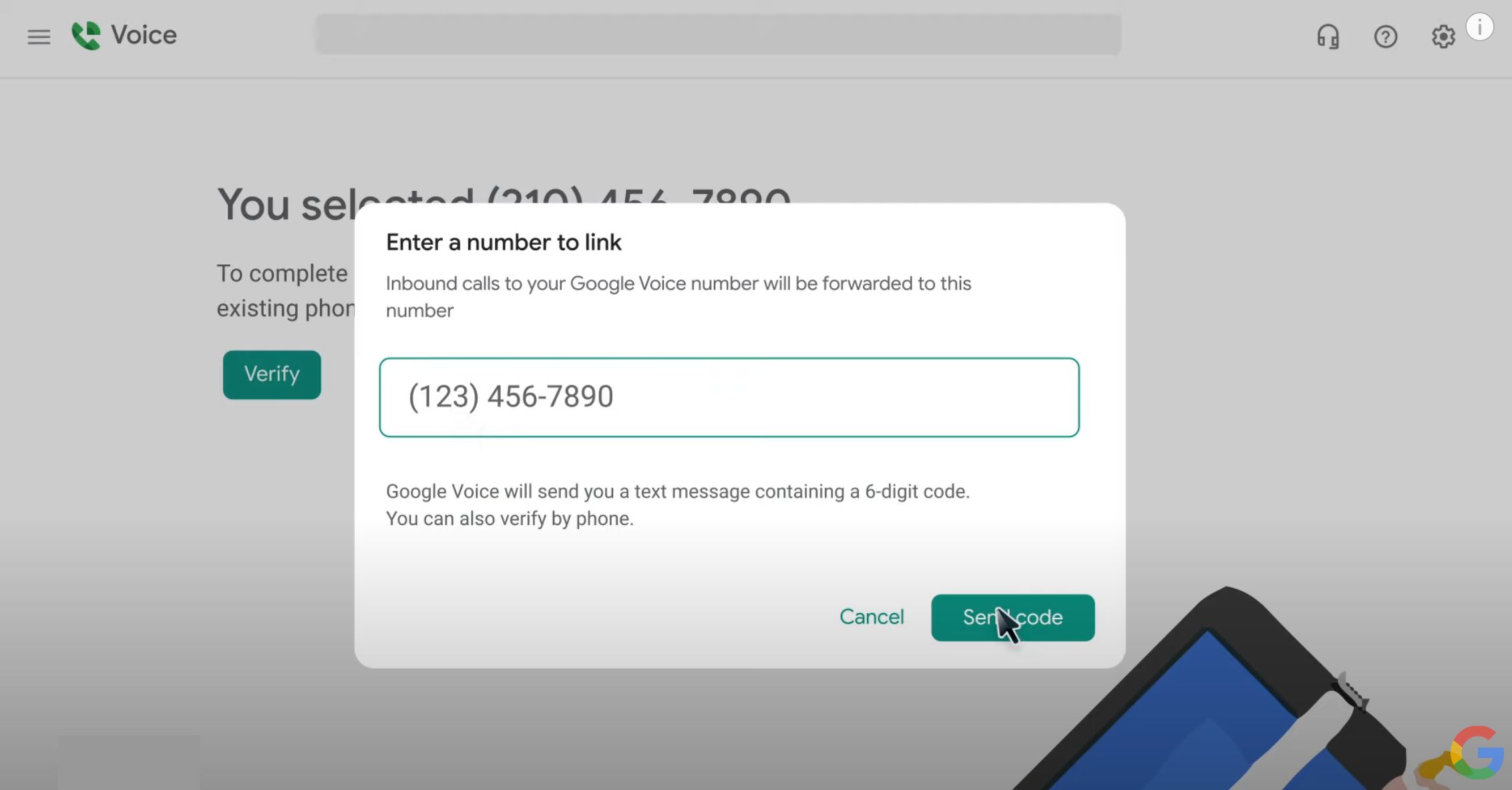 Verifying Google Voice account form.