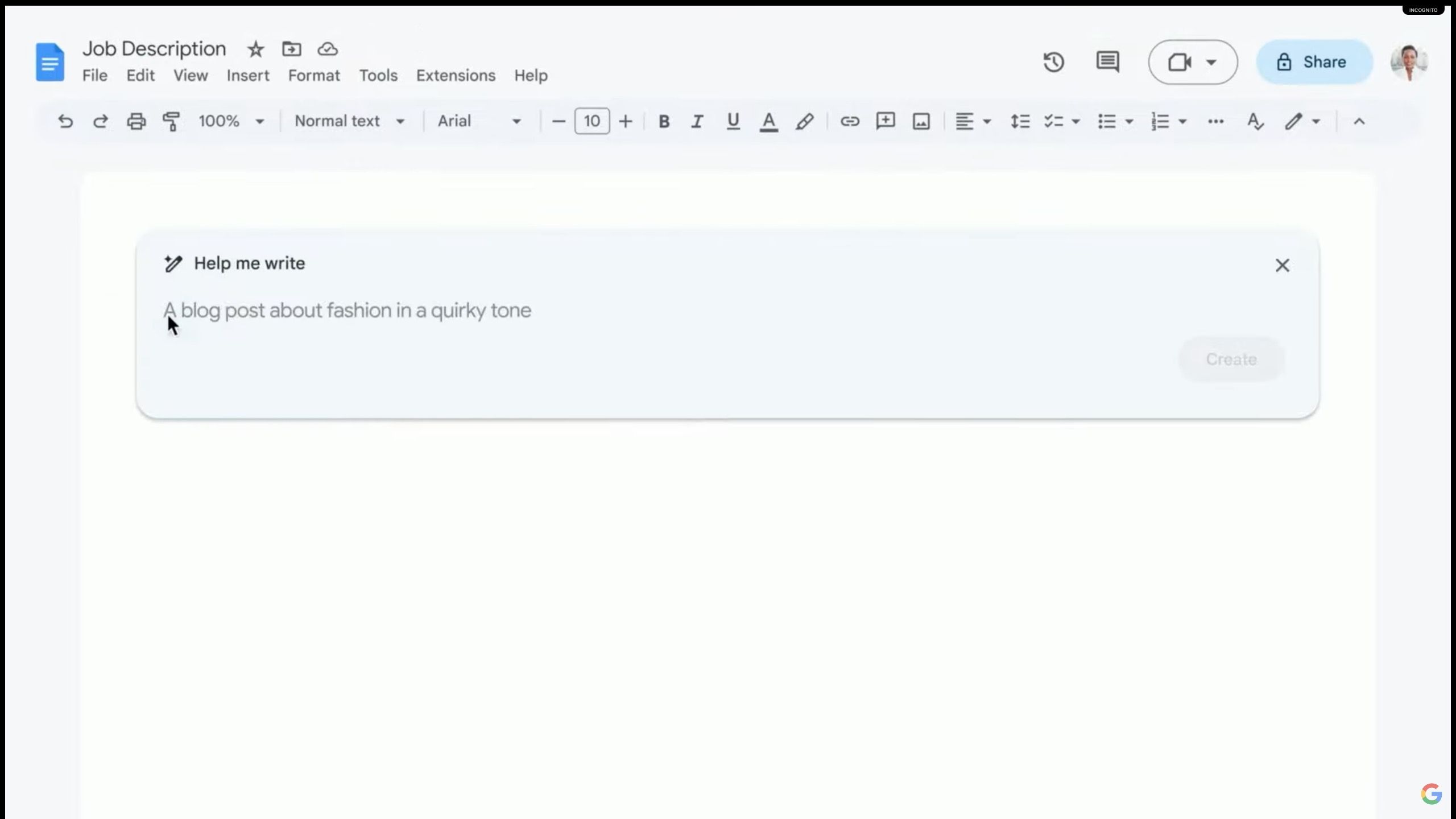 Help me Write feature in Google Docs