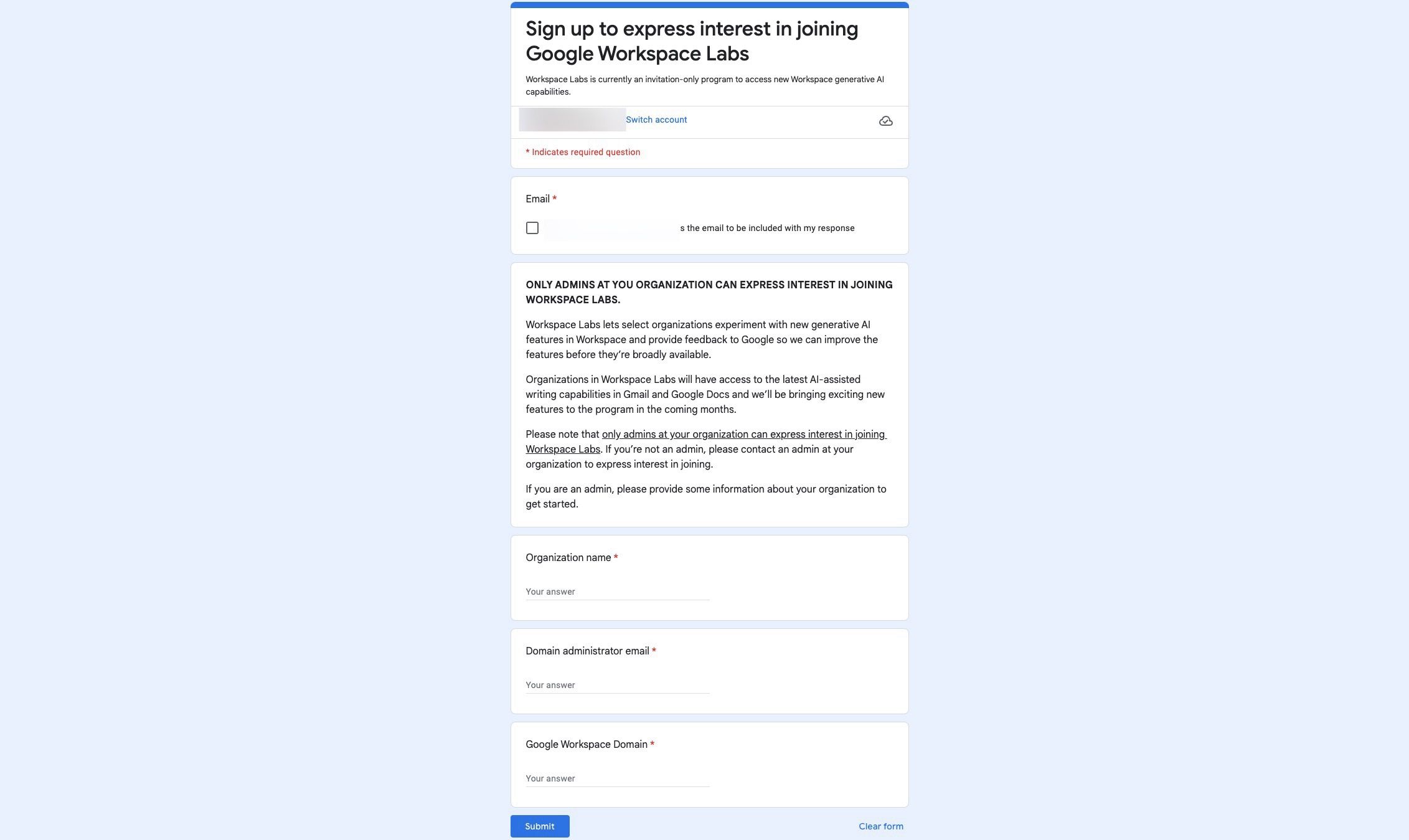 Google signup form for Workspace Duet AI screenshot