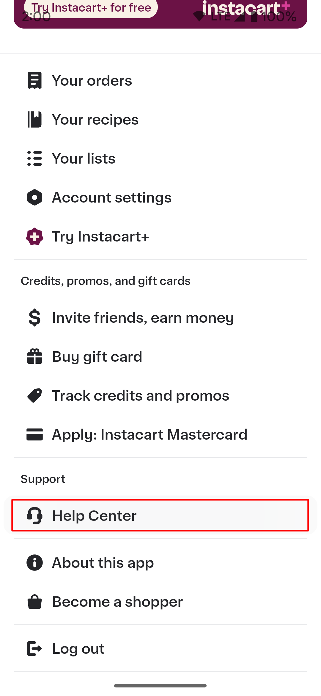 Selecting the Help Center section in the Instacart app.