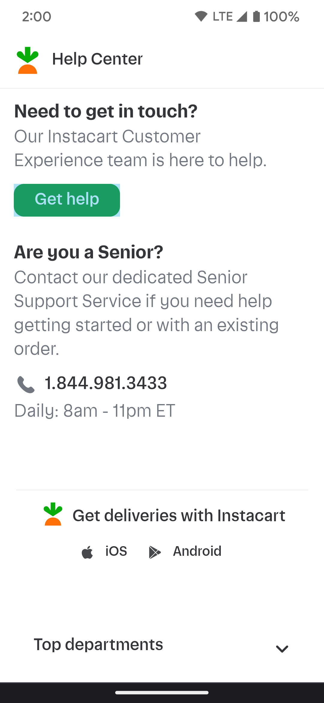 Pressing the Get help button in the Instacart app.