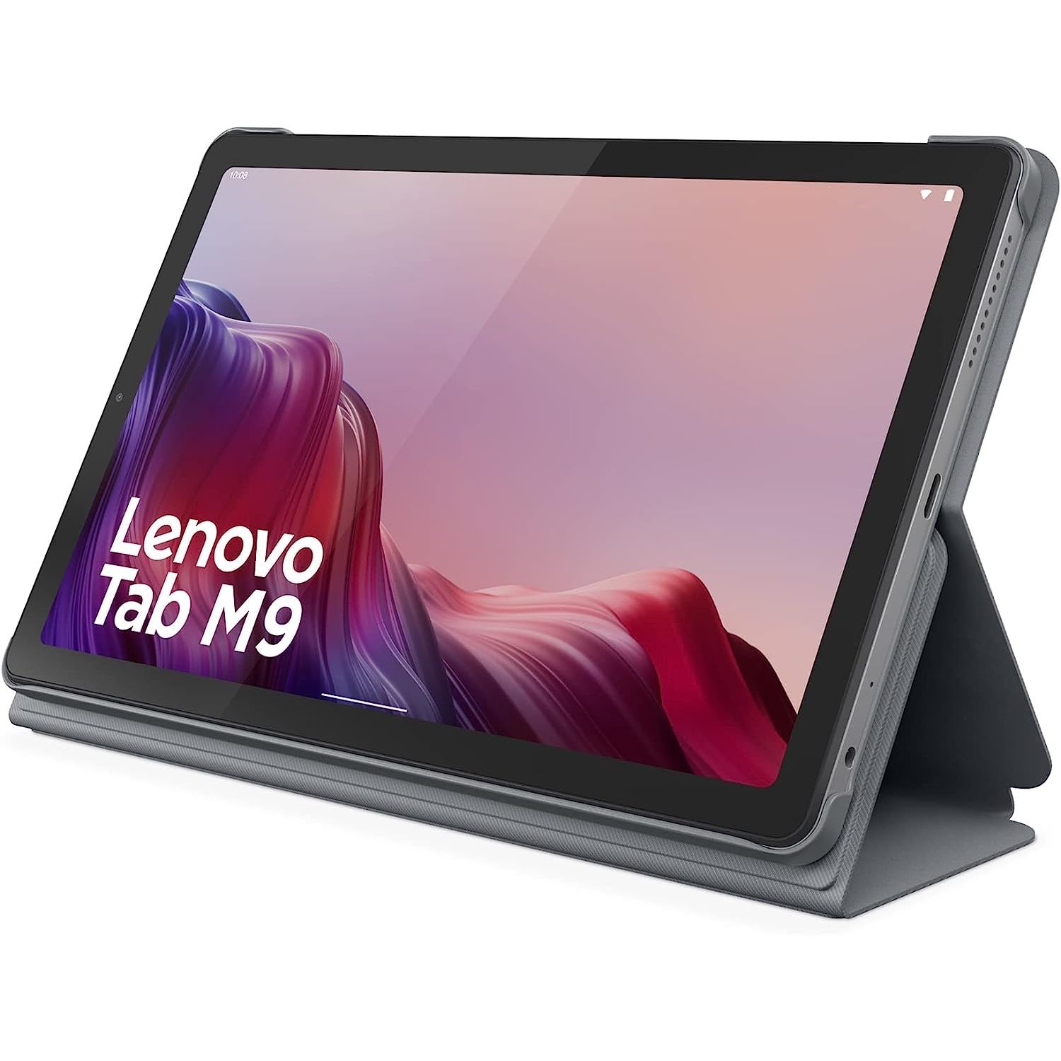 Render of the Lenovo Tab M9, angled view on a stand