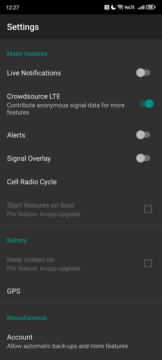 screenshot of lte discovery app settings screen