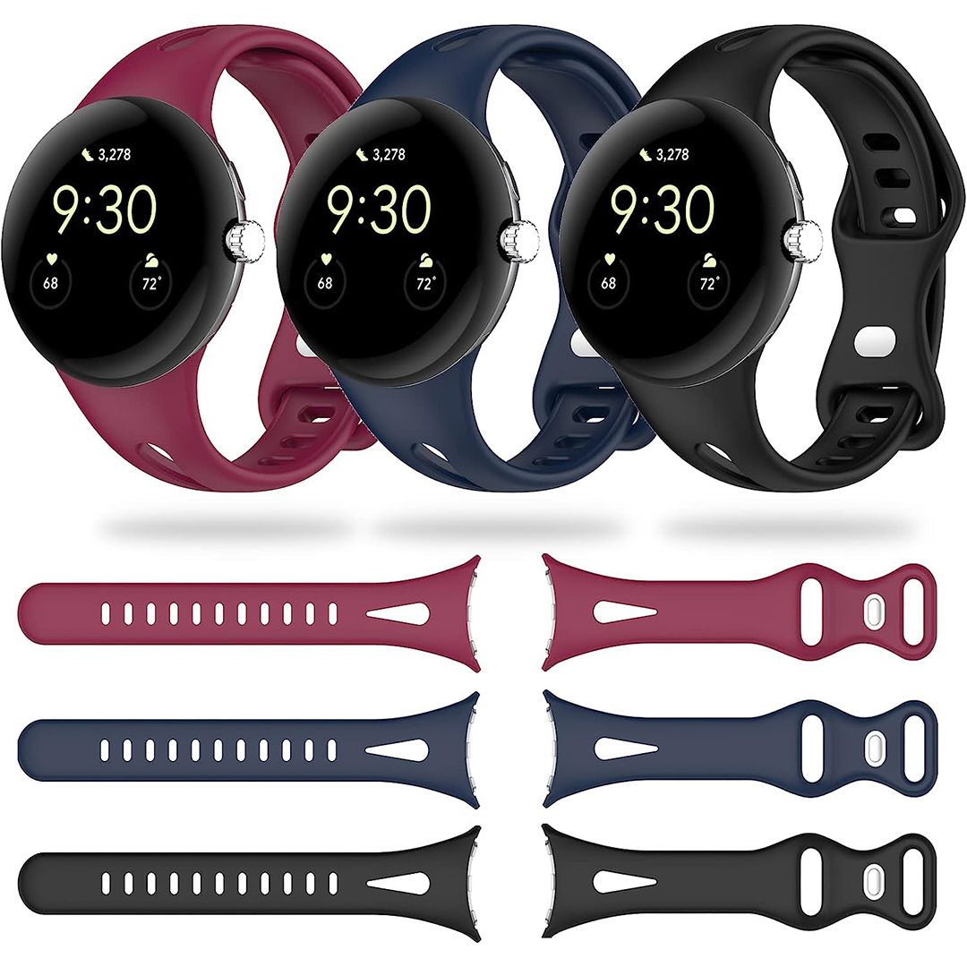 miimall pixel watch silicone bands, pictured on the Pixel watch and separately