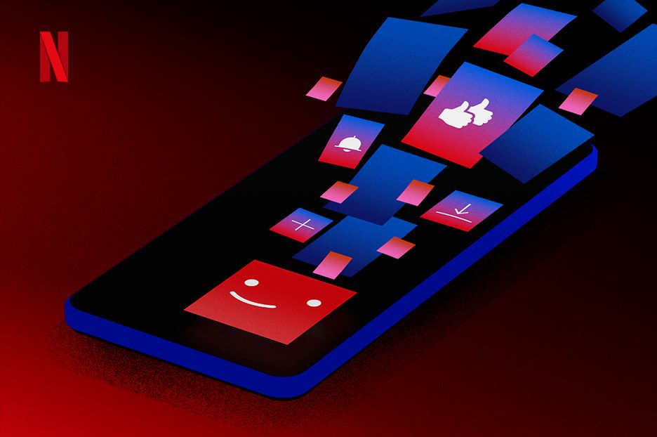 A phone with entertaining block apps rising up space on a red background with the Netflix image