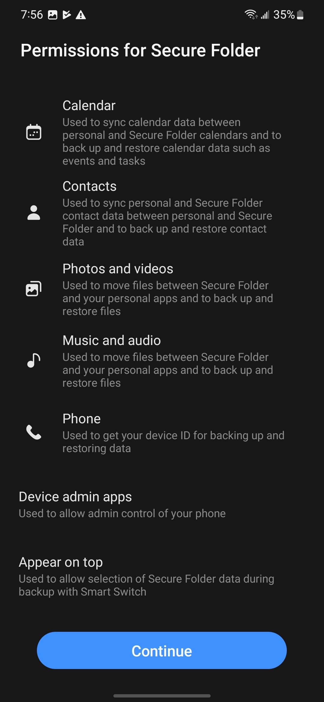 The list of permissions needed to use the Secure Folder app