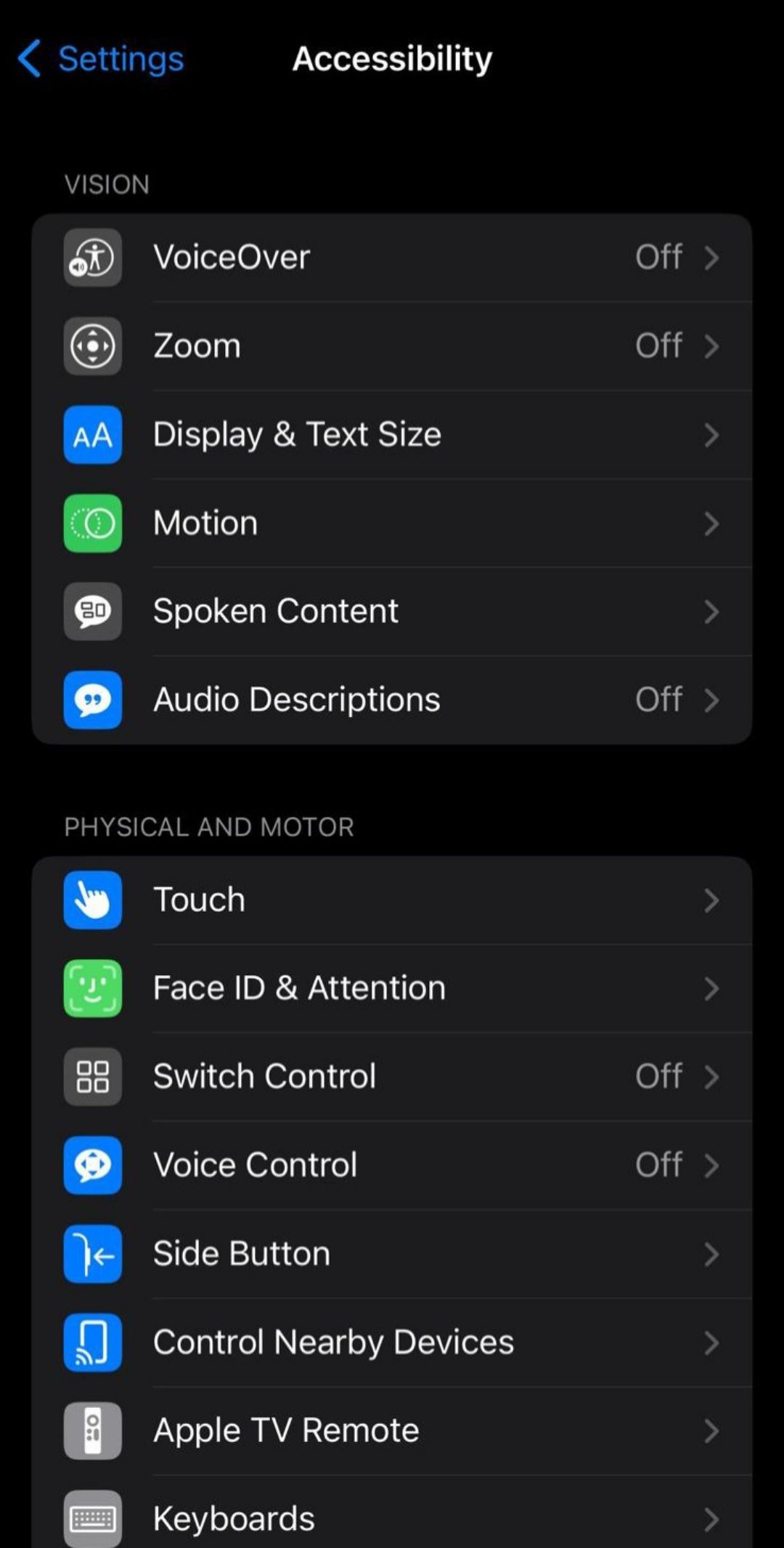 Screenshot of iphone settings