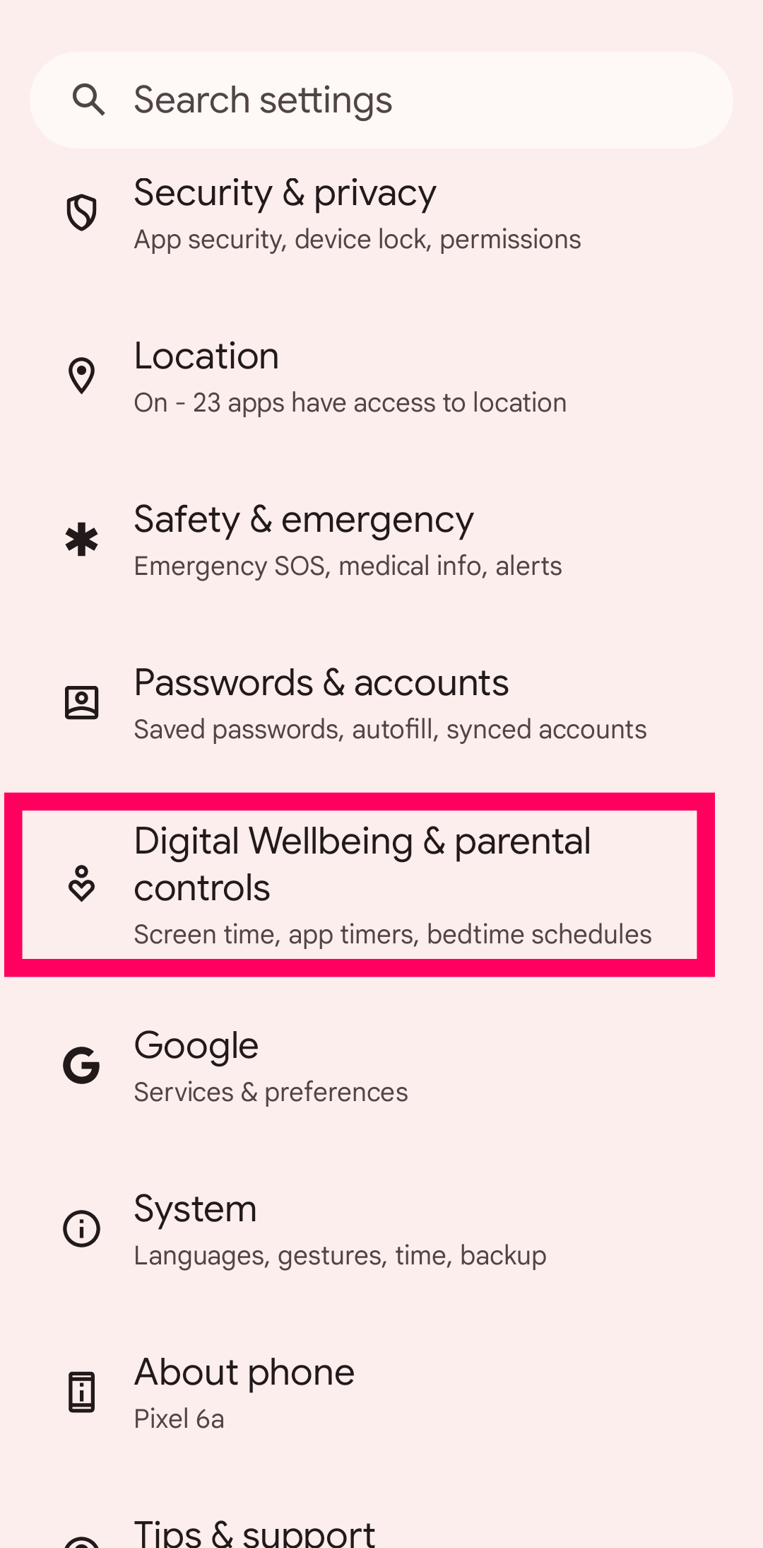 Screenshot of Google Pixel settings