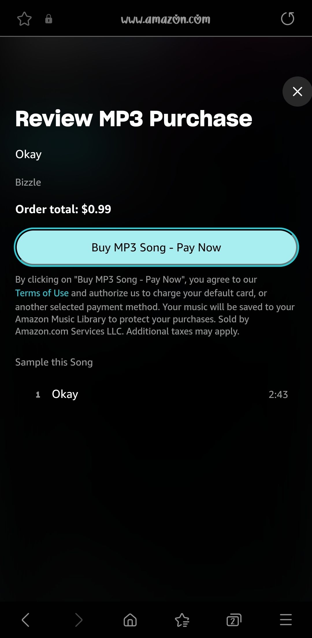 The Confirm MP3 Purchase option on the Android Music website in a mobile browser.