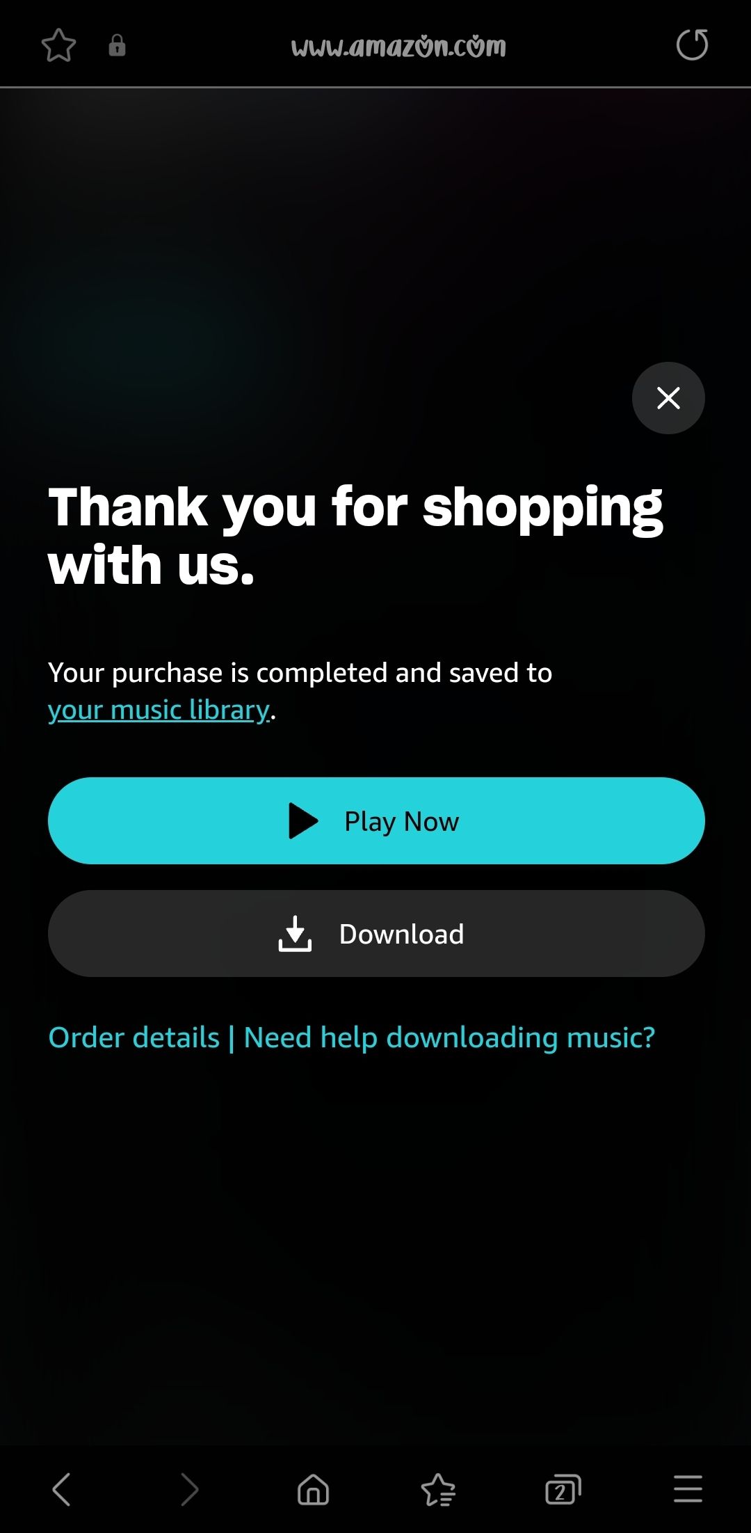 A completed MP3 purchase on the Amazon Music website in a mobile browser.