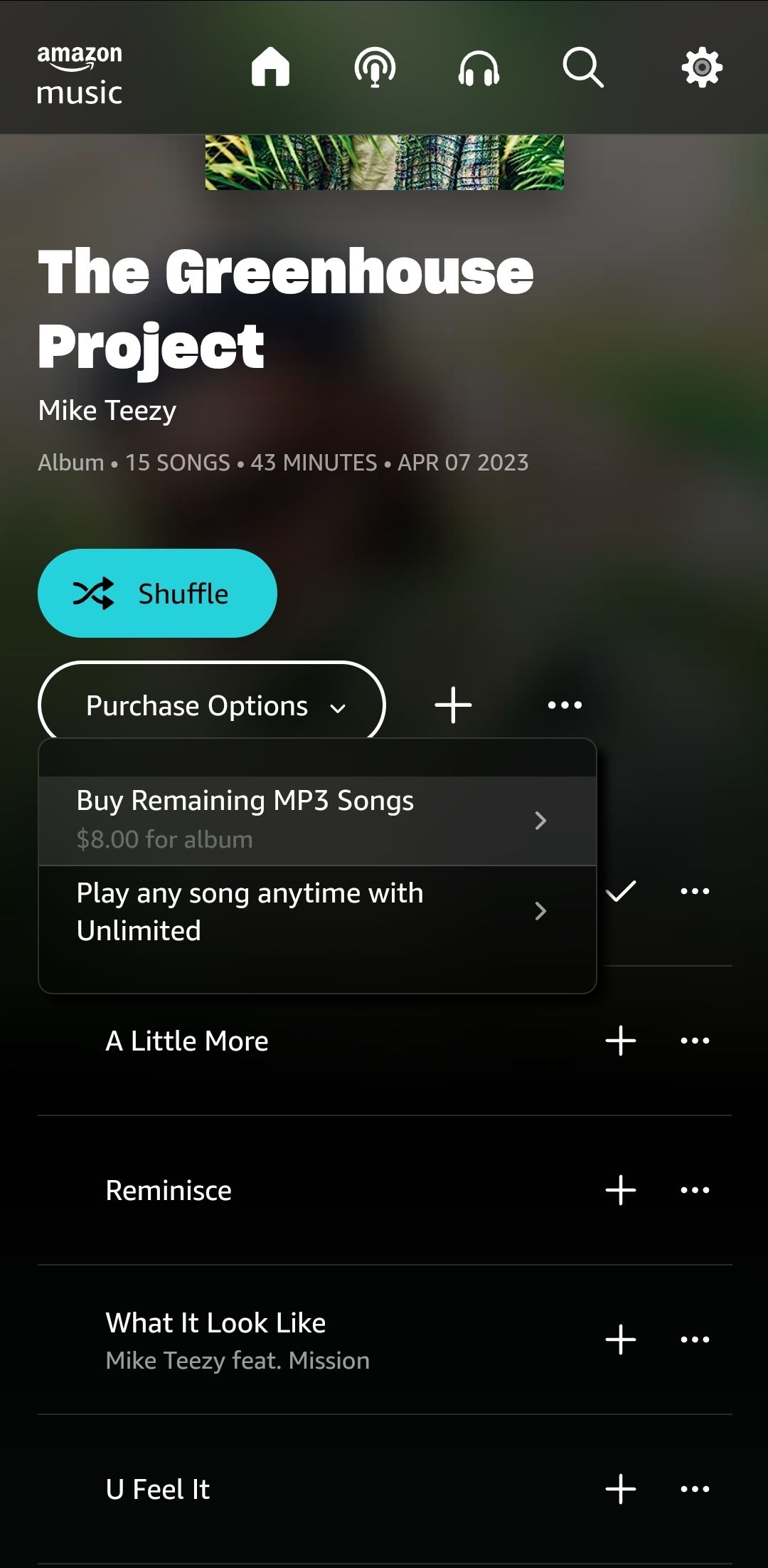 The purchase options on the Amazon Music website in a mobile browser.