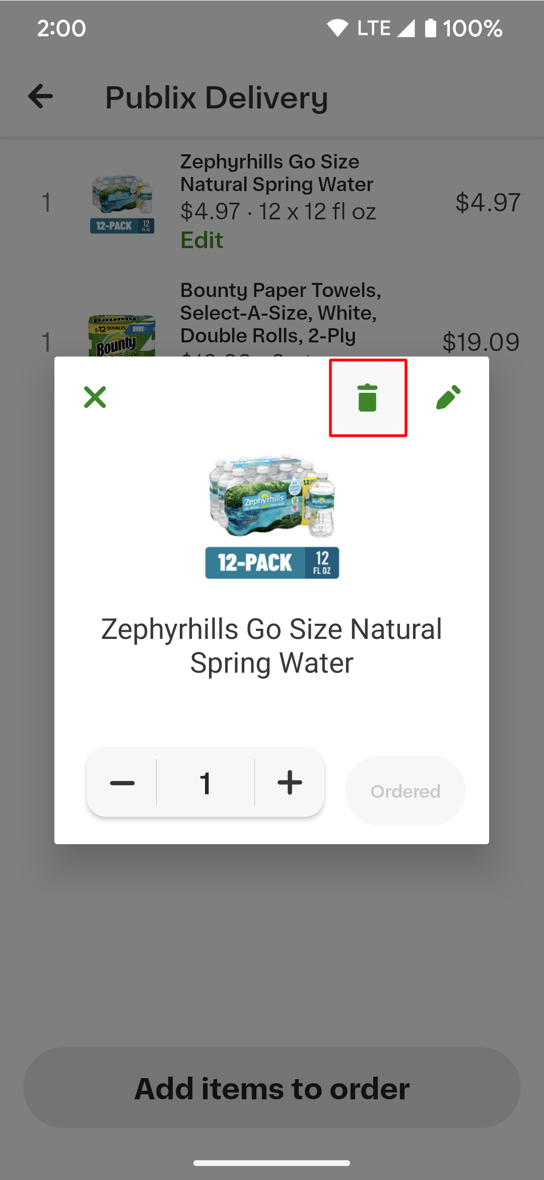 Tapping the trash bin icon removes an item from the Instacart order.