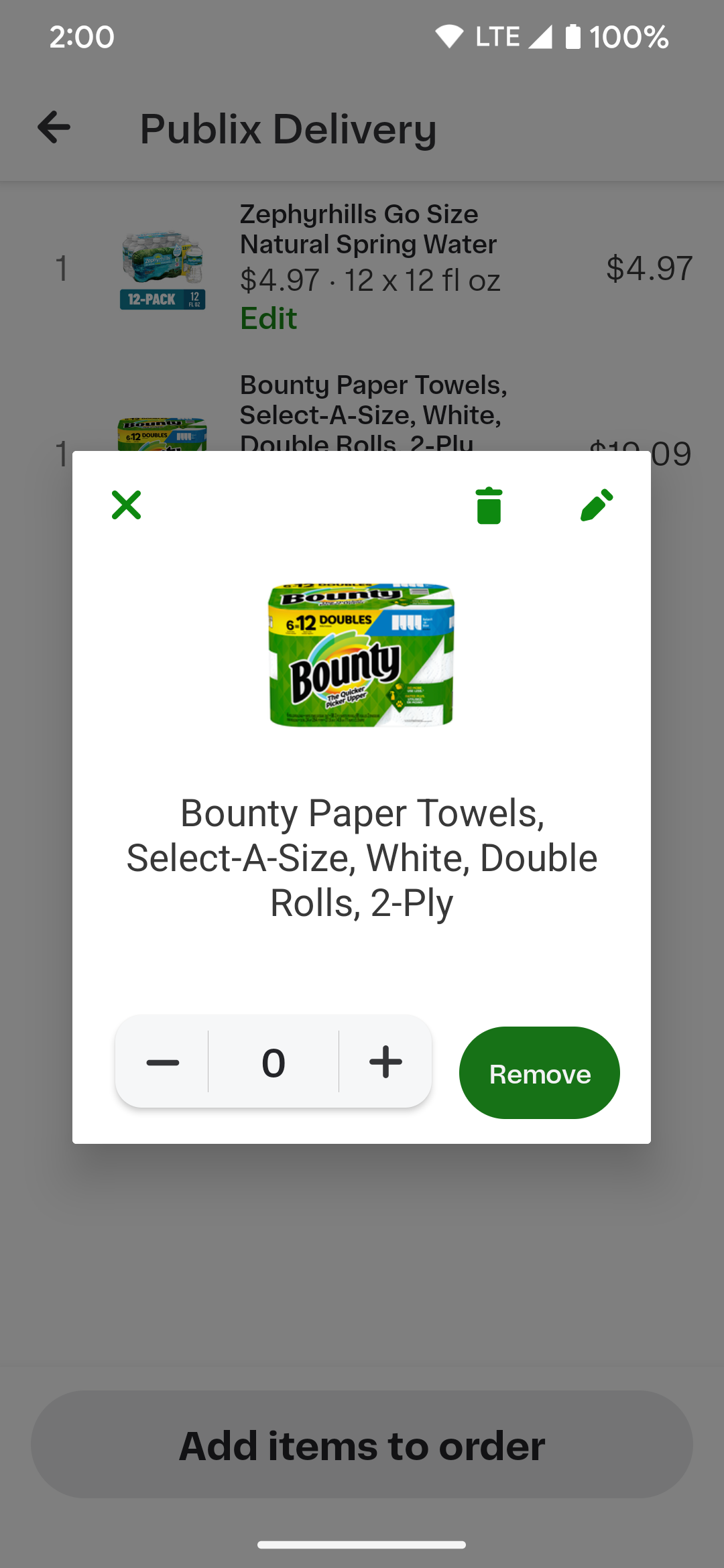 Setting the quantity to 0 and pressing the Remove button removes an item from the Instacart order.