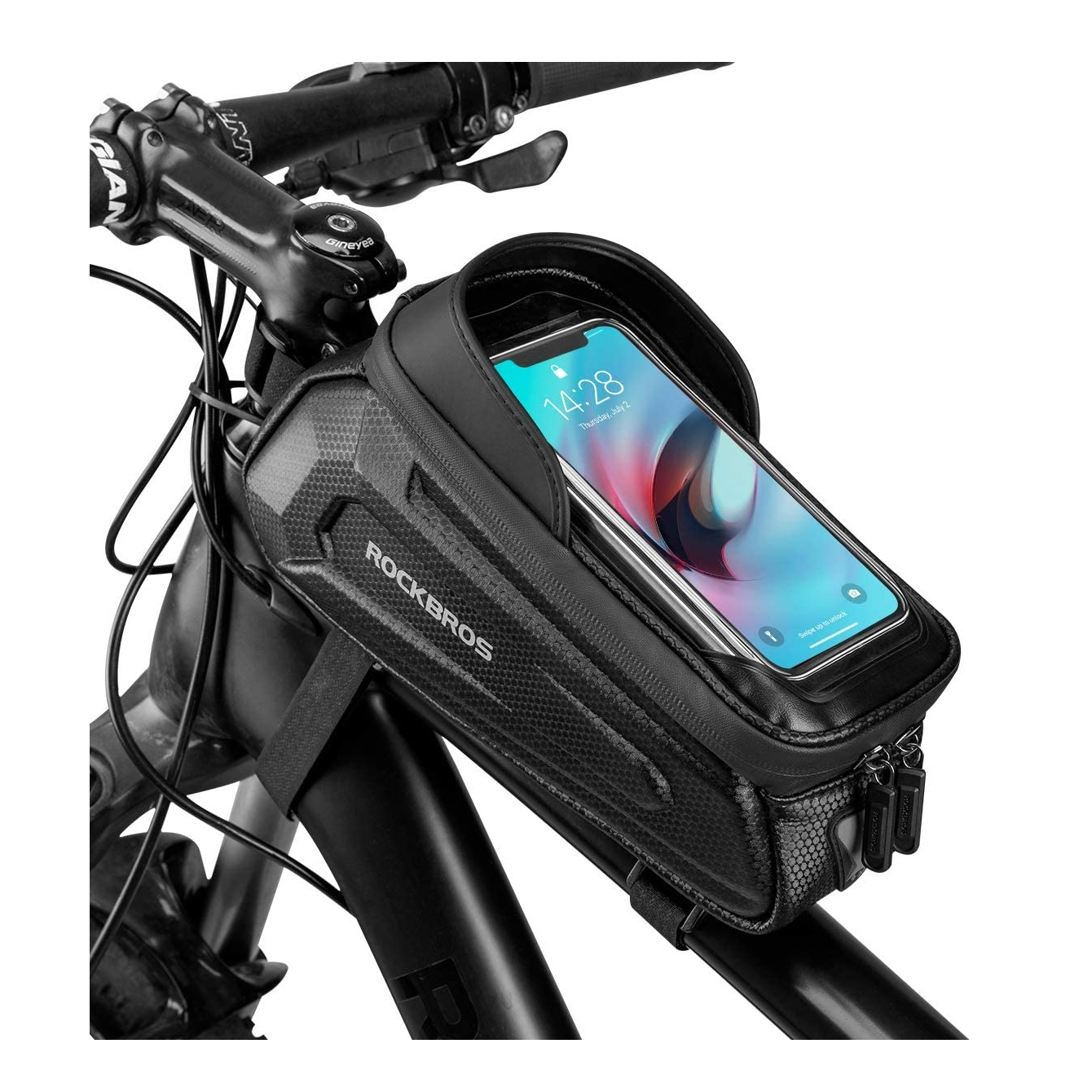 rockbros bike phone bag on a bike frame on a white background