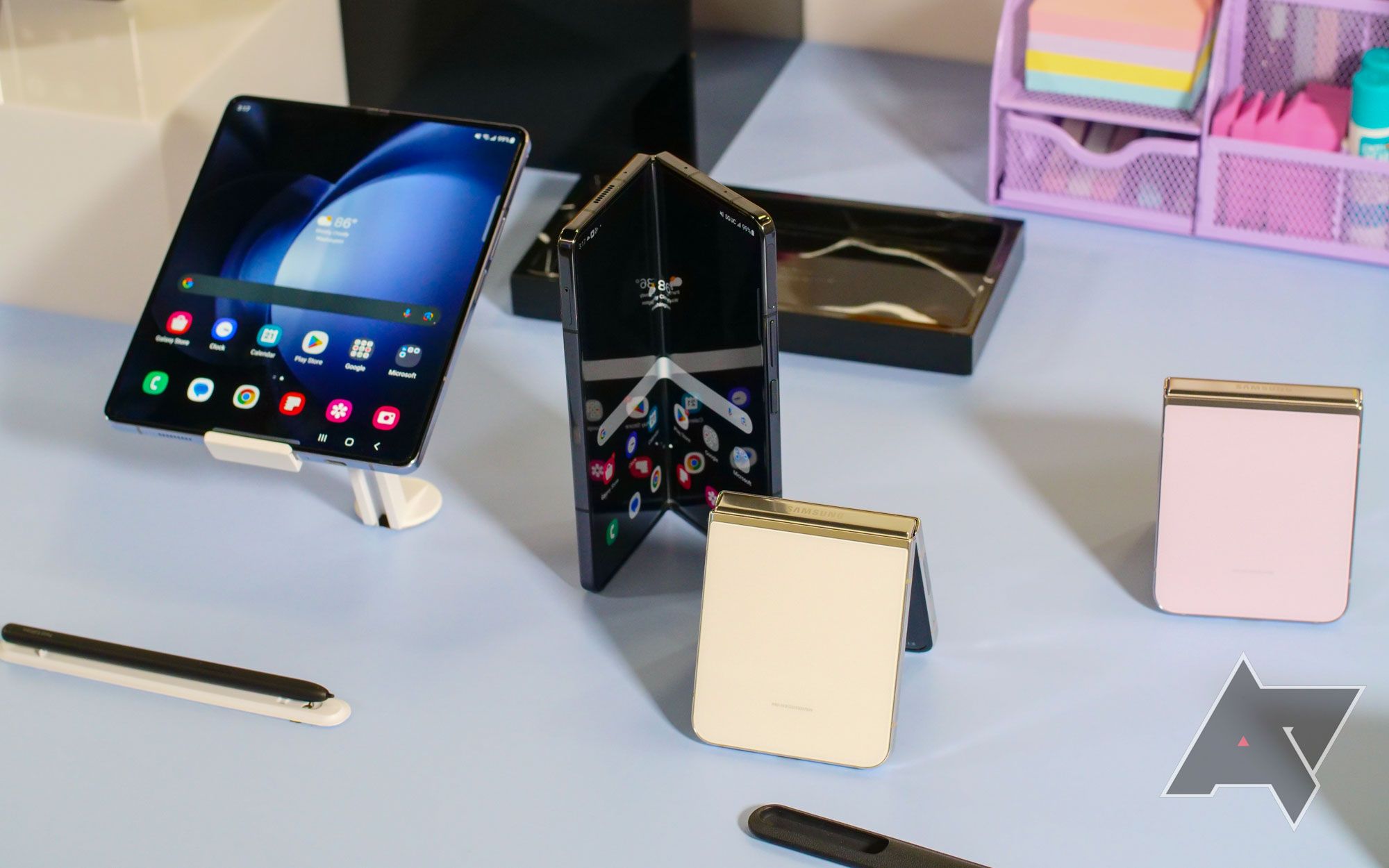 A display of several Samsung Galaxy Z Fold 5 phones and Flip 5 phones