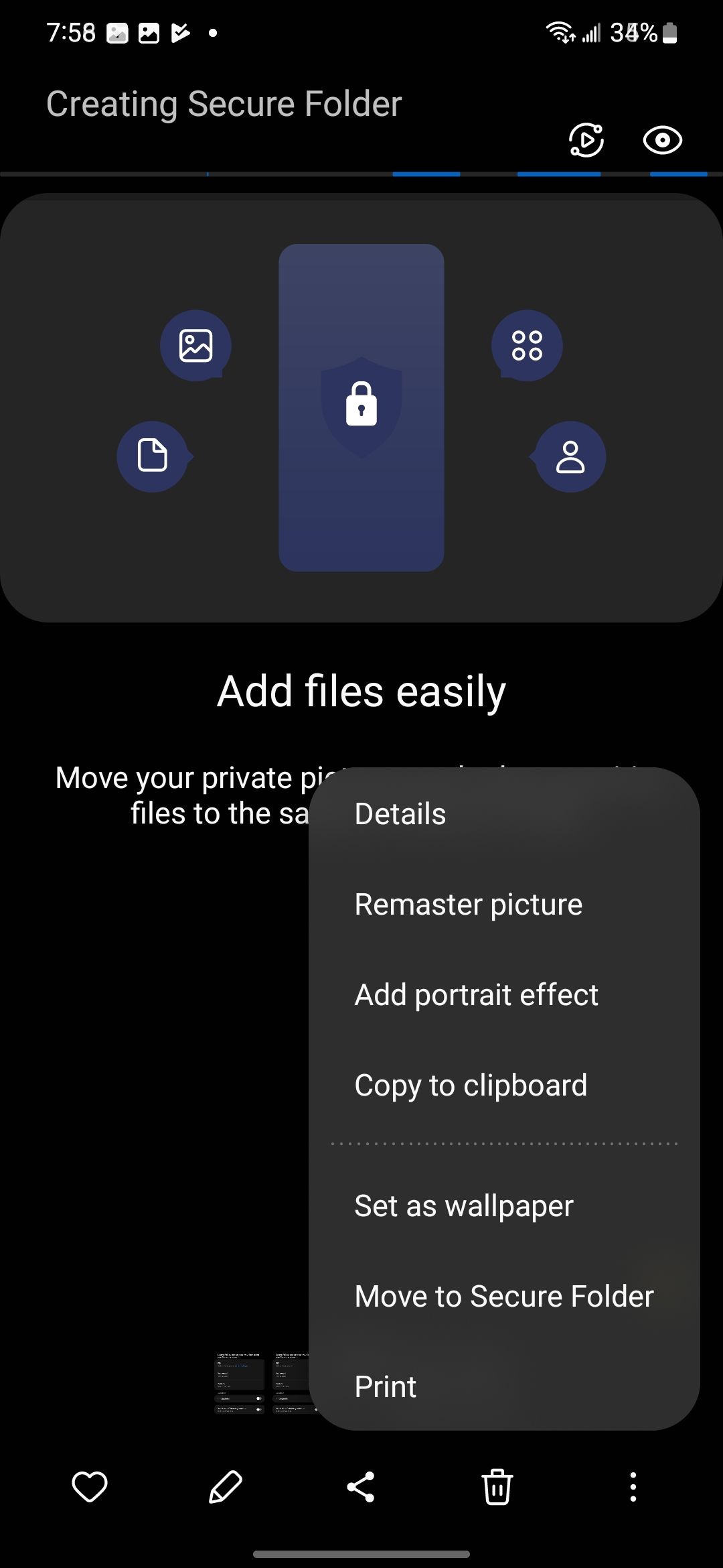 An image open in Samsung Gallery with the options menu open and the 