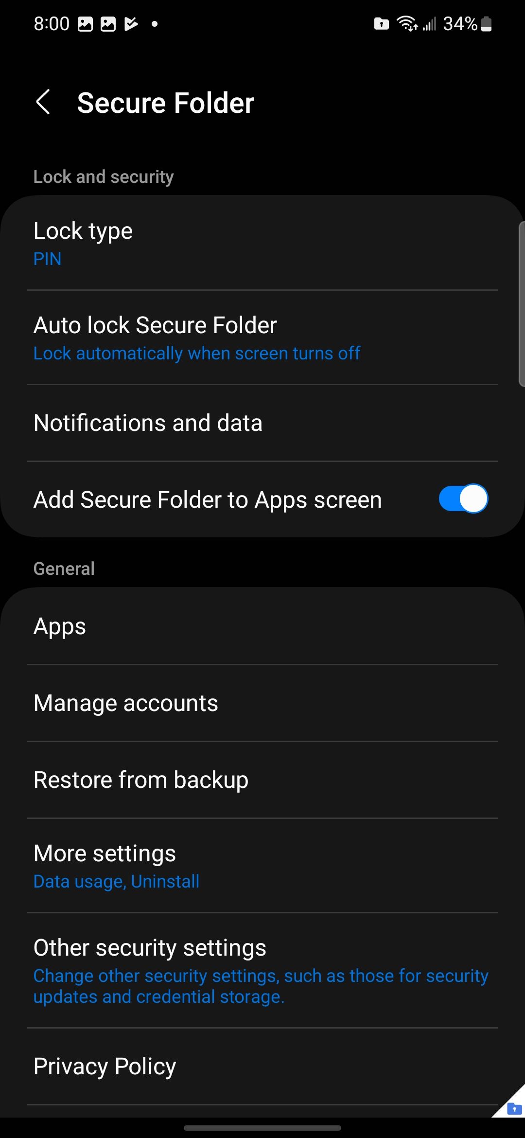 Secure Folder settings in the Samsung Settings app