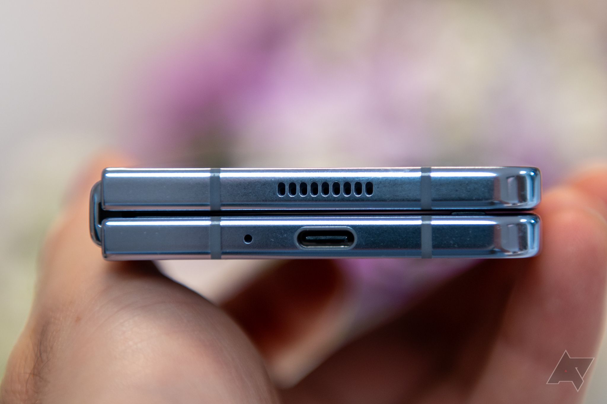 Bottom of the Samsung Galaxy Z Fold 5, showing the speaker cutouts, microphone and USB-C charging port