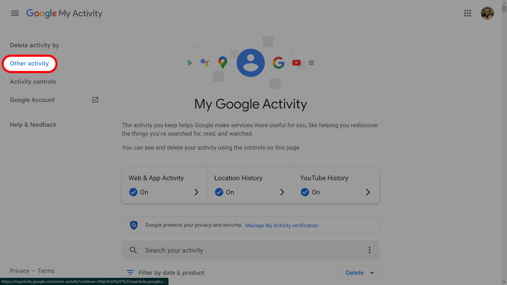 Selecting Other activity on the My Google Activity page