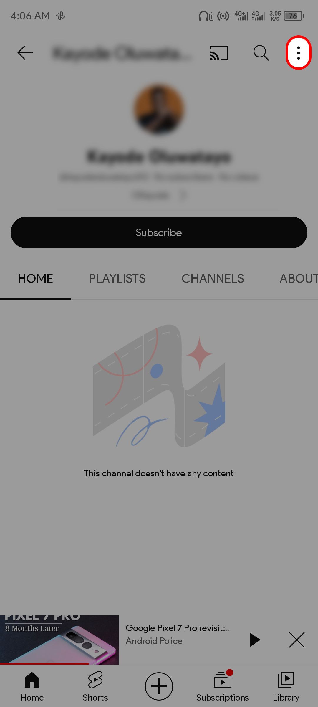 A screenshot of the YouTube page menu button