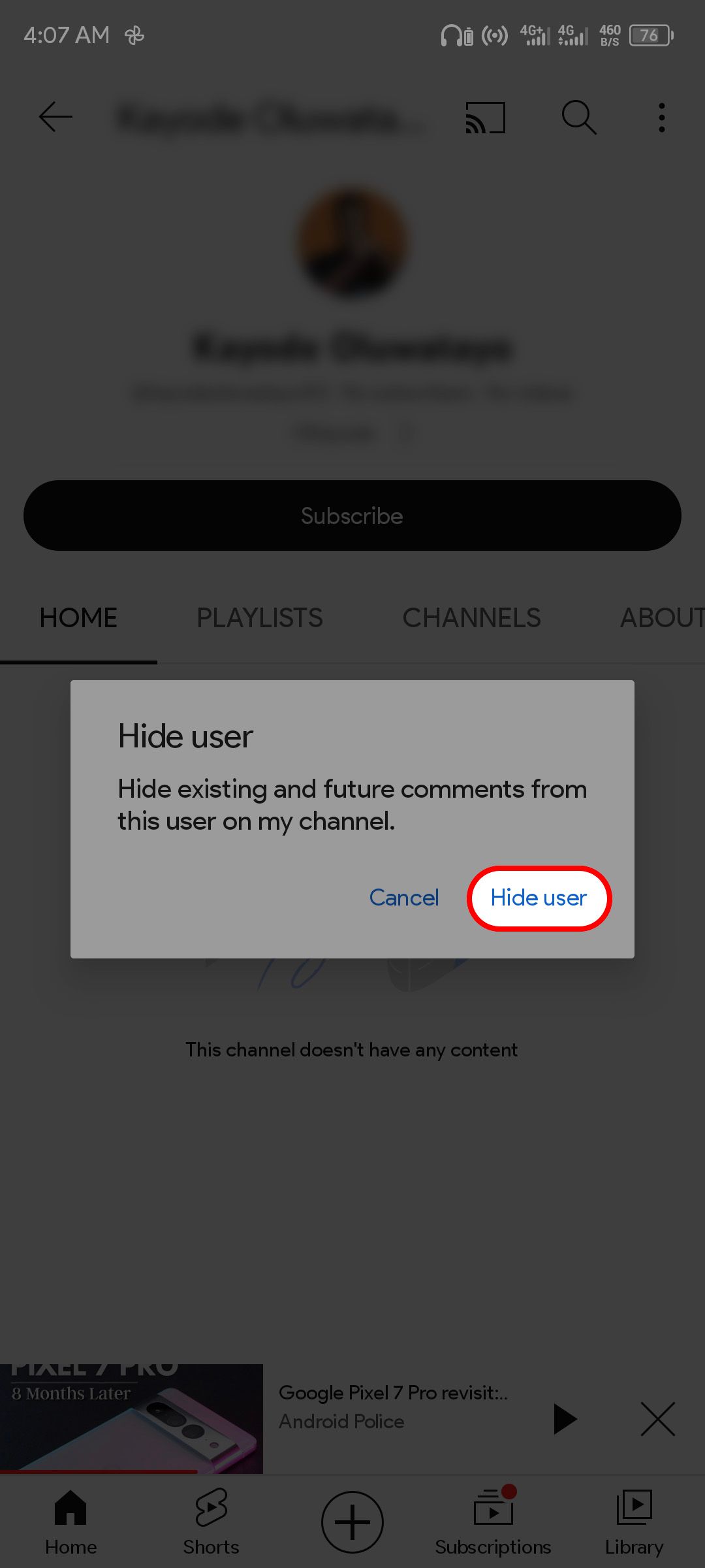 The Hide user dialog box highlighting the hide user button in the YouTube app 