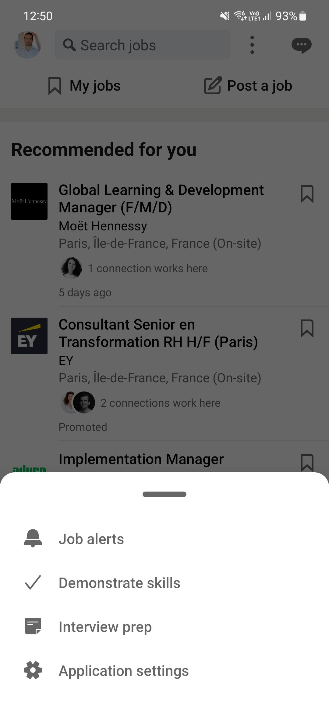 The LinkedIn app showing the jobs section