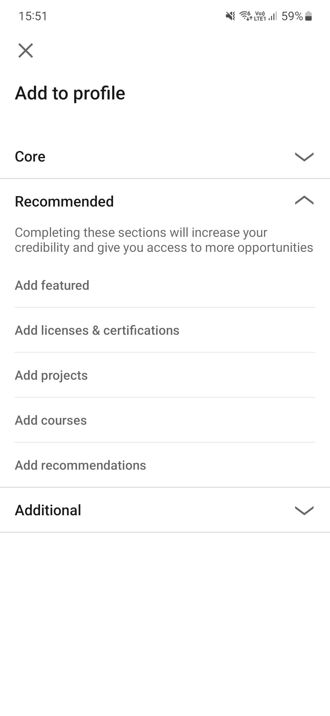 The LinkedIn Add to profile section showing the types of documents that can be added to your profile page