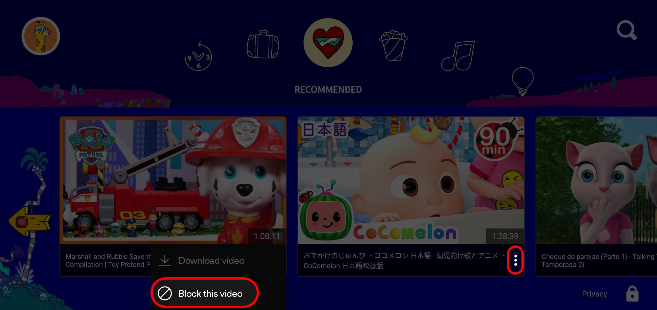 A screenshot highlighting how to block a video in YouTube Kids 