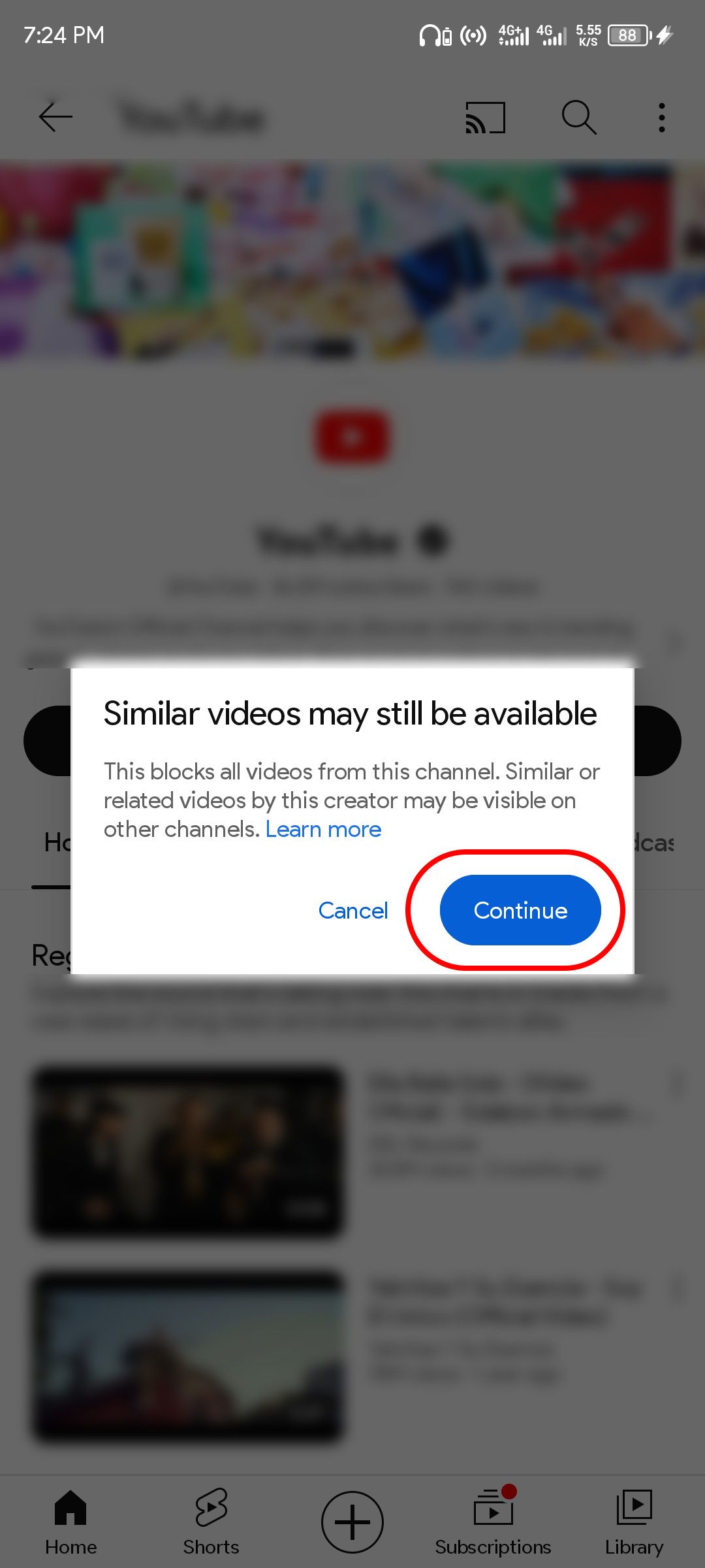 Proceeding to block a channel for YouTube kids