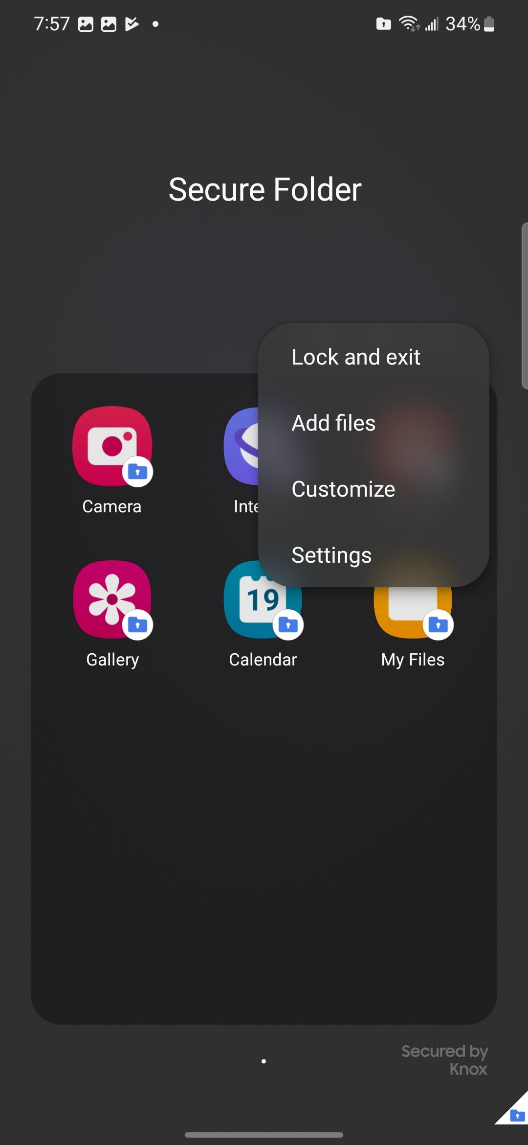 The Secure Folder with the three dots menu open