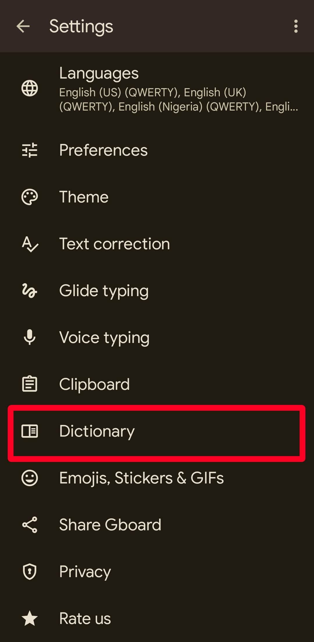 Screenshot showing the Dictionary option in Gboard settings menu