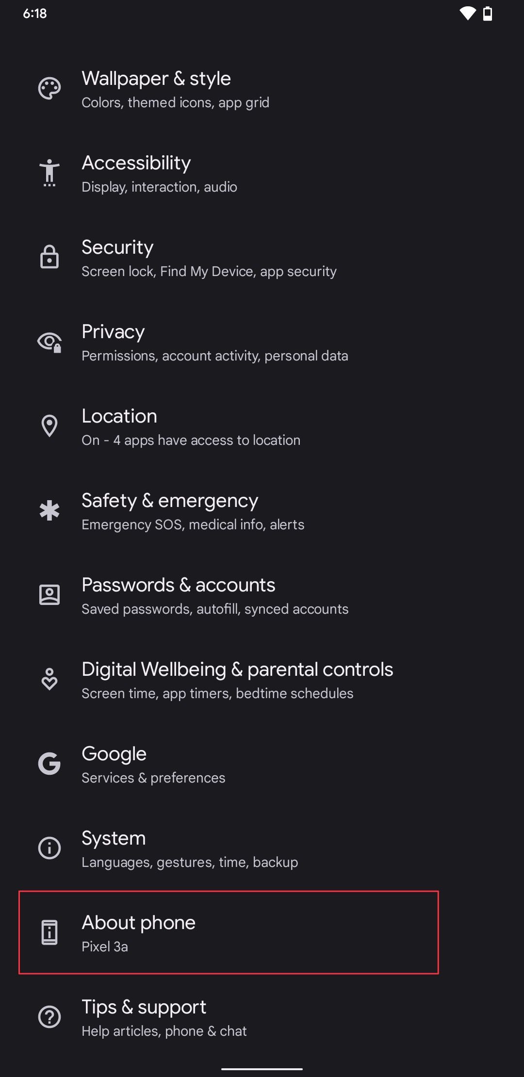 Settings app screenshot showing about phone setting