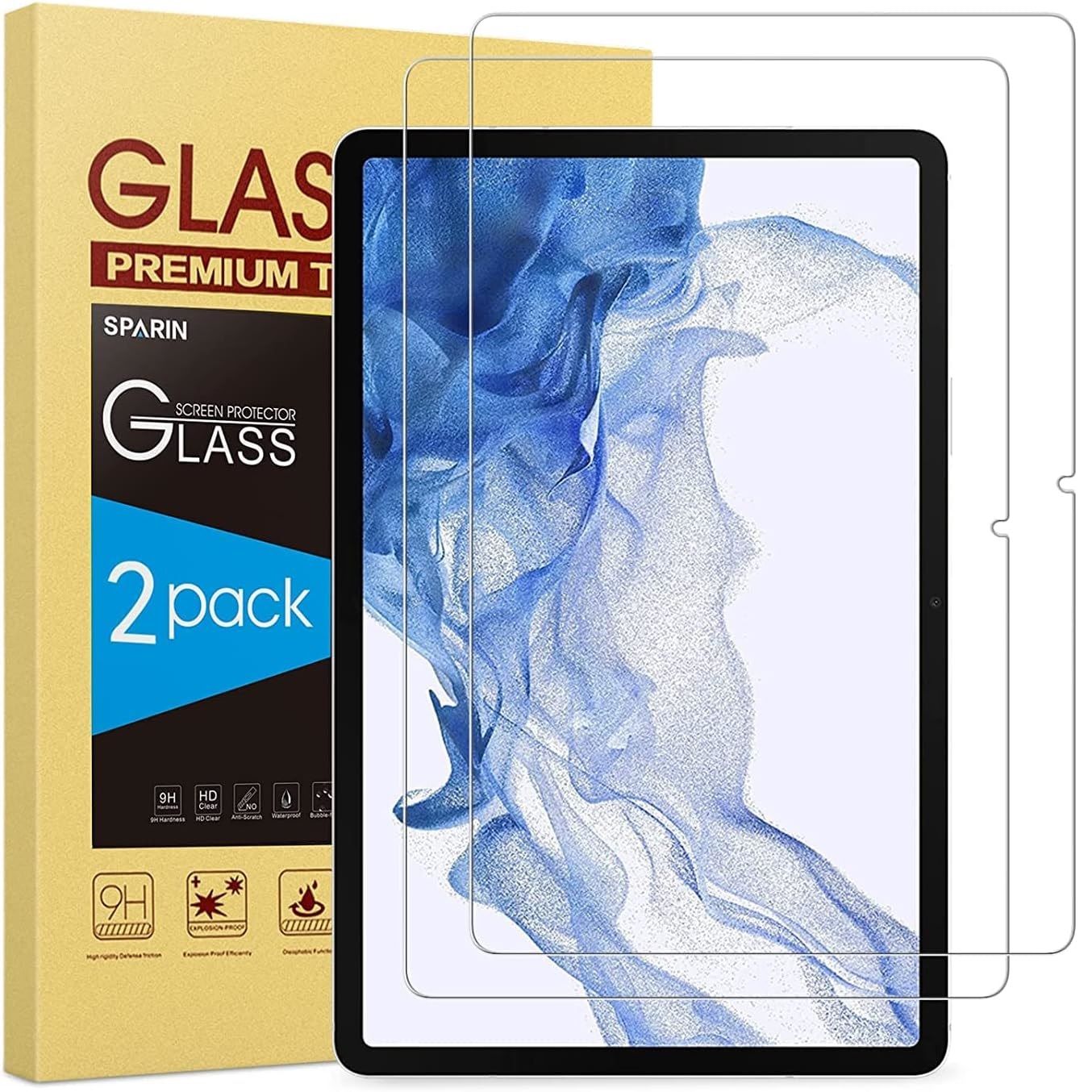 Sparin Screen Protector shown above a tablet with packaging, all against a white background