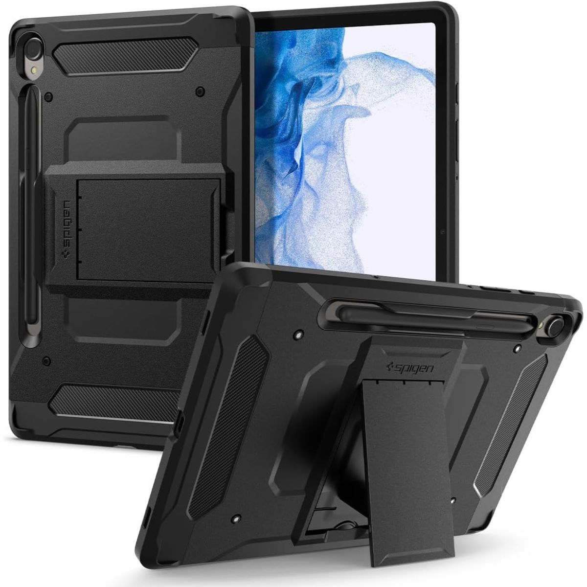 Spigen Tough Armor Pro for Galaxy Tab S9, front, back, and stand views