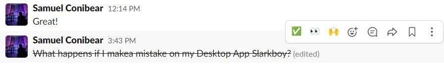 Pesan aplikasi desktop Slack yang telah diedit dengan coretan untuk menunjukkannya harus diabaikan