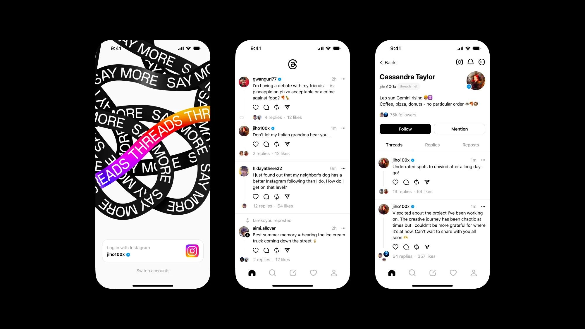 Three renders of Meta's Threads app on iPhone display set against a black background.