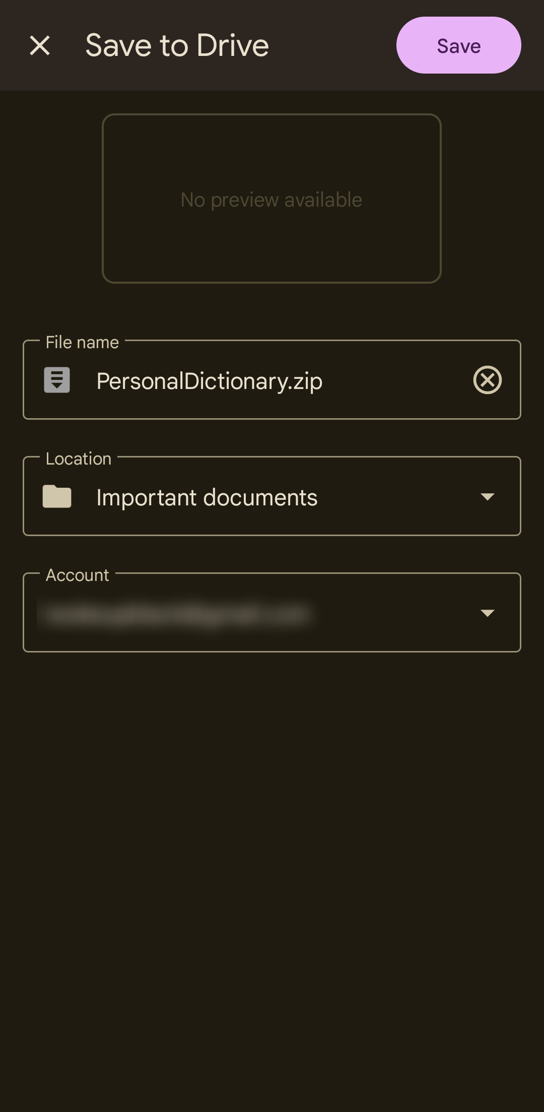 Screenshot showing Gboard personal dictionary as ZIP file on Google Drive