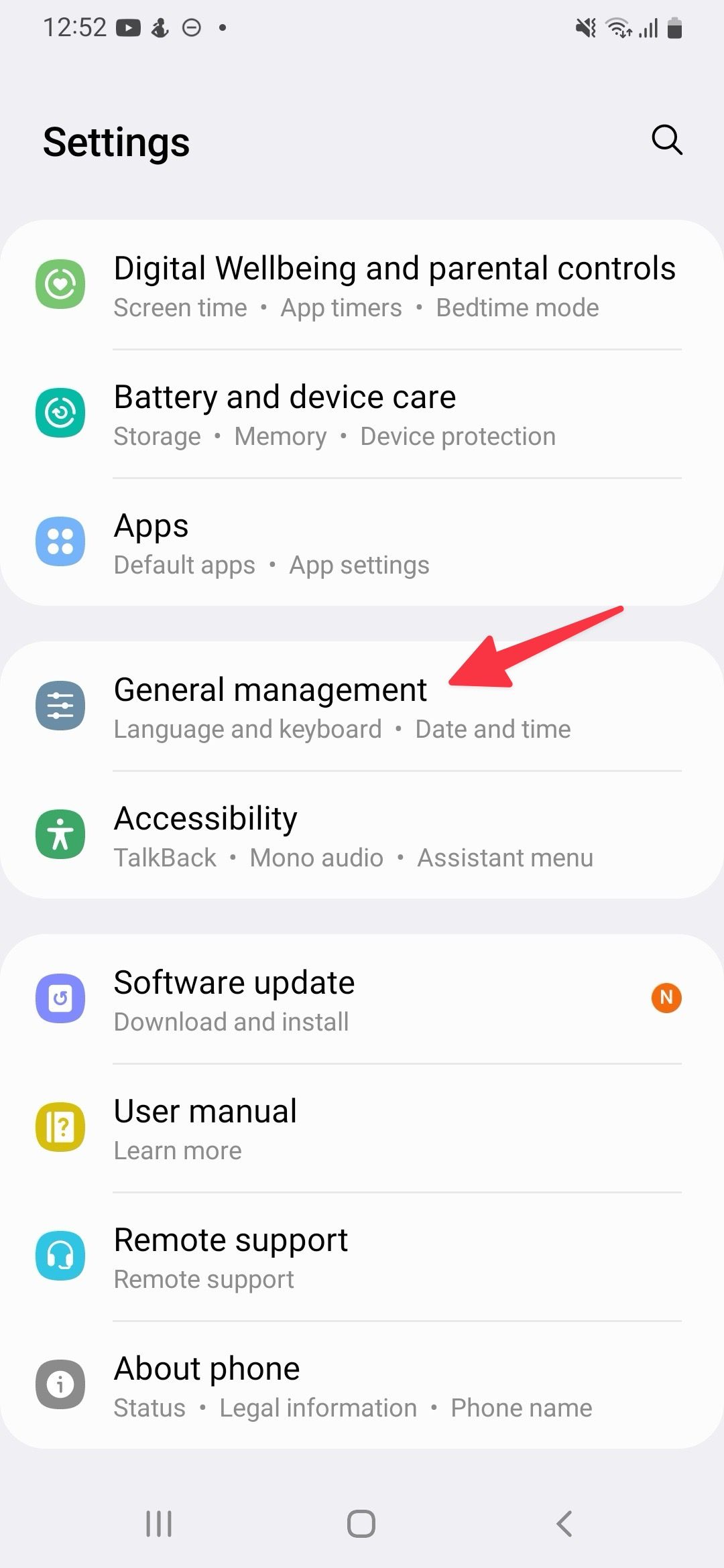 General management on Samsung settings